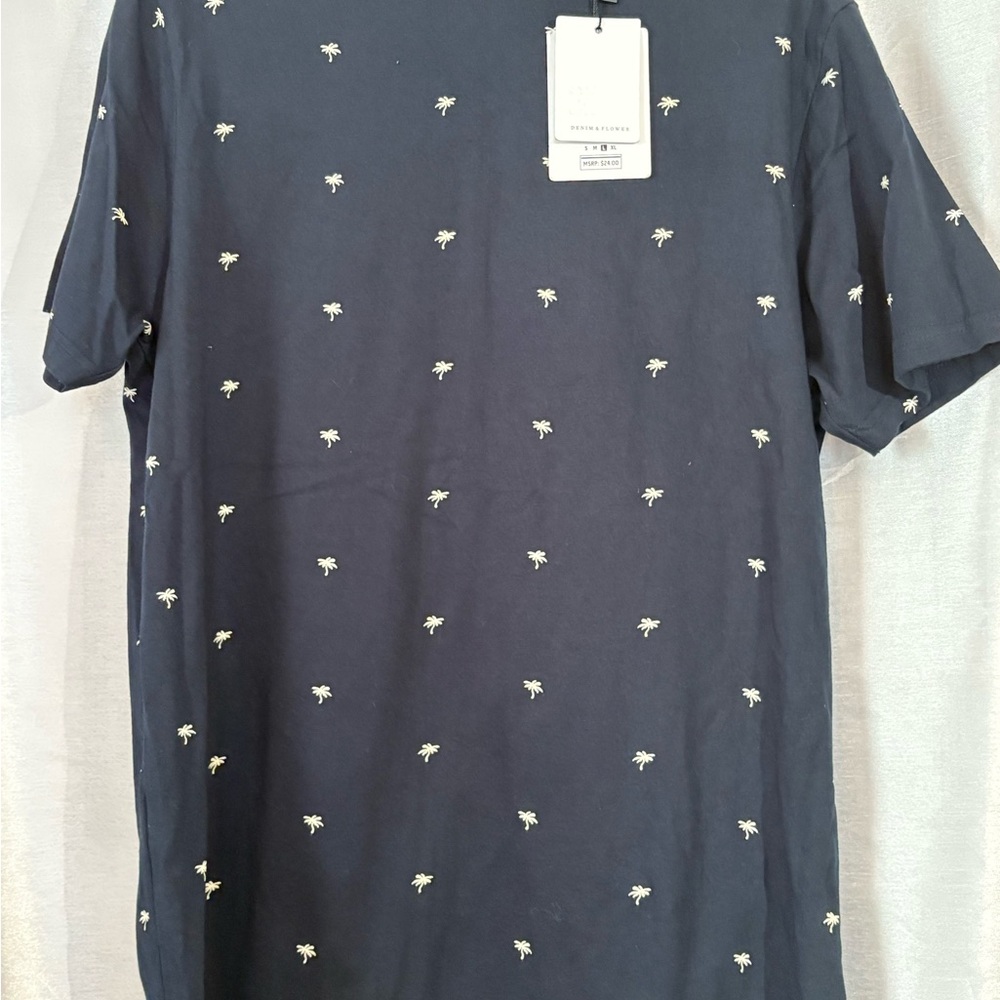Denim & Flower Navy Shirt with Mini Palm Design size L